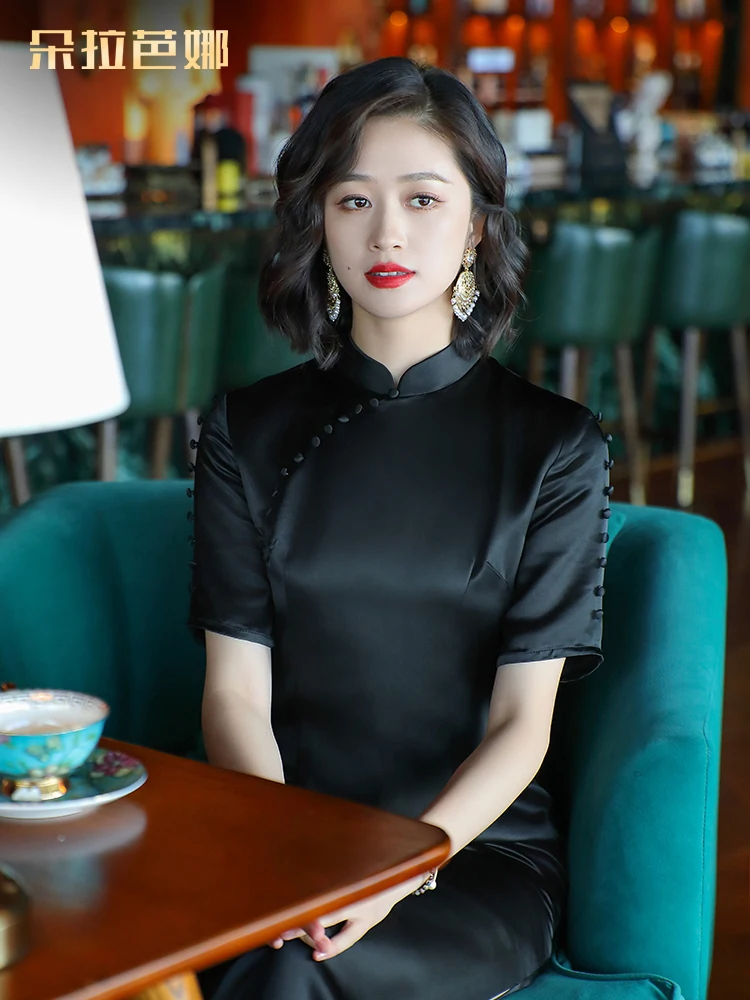 

Dorabana Retro Sle Bla Dr Improved Daily Wear round Collar ort Sve Midi Length Chinese Sle Costume