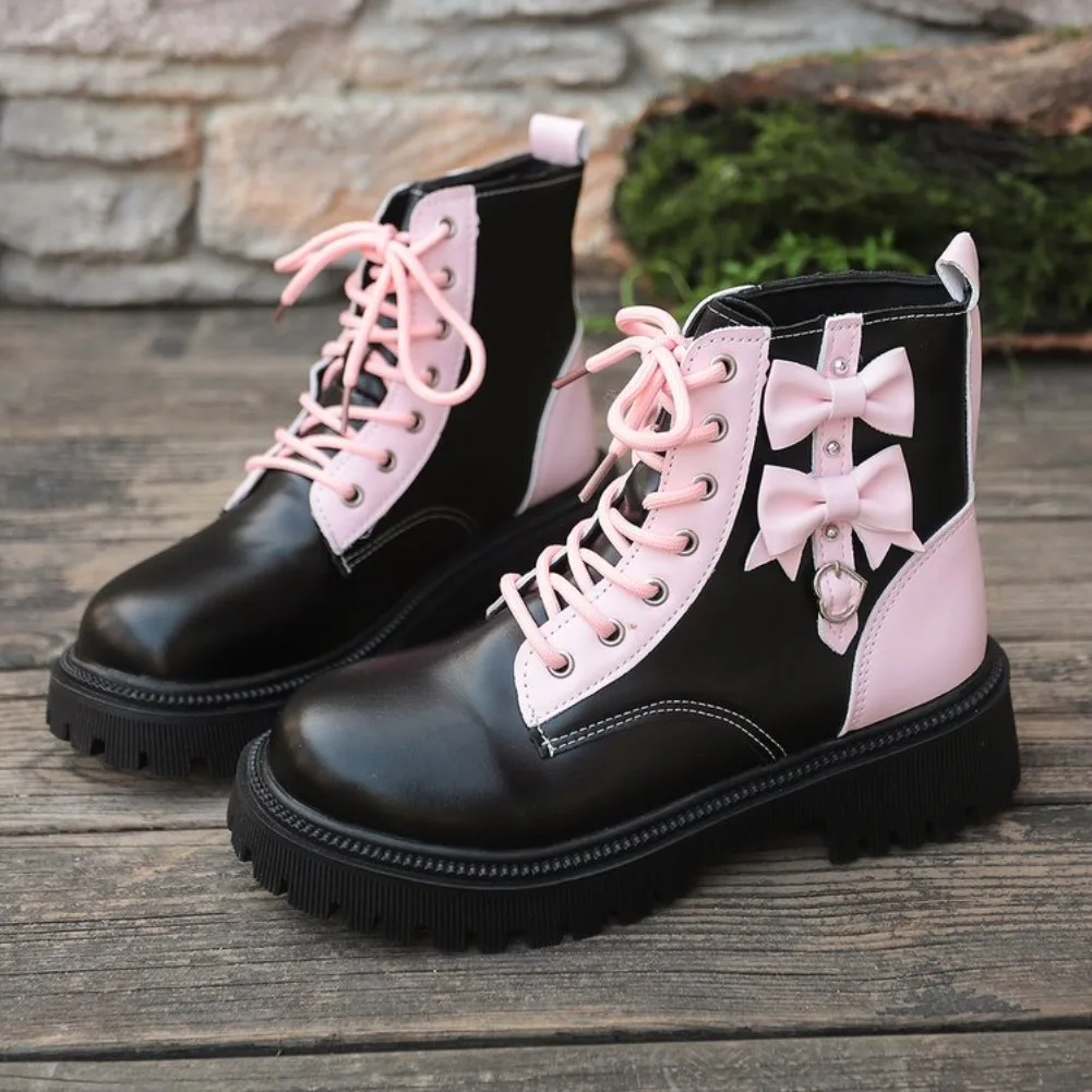 Süße Rosa Schleifenknoten-Stiefeletten in Mischfarben für Damen, Herbst 2026, mit Dicker Sohle, Schnürung, Candy-Punk-Stil und Metalldekoration, Größe 42 – Detail 21