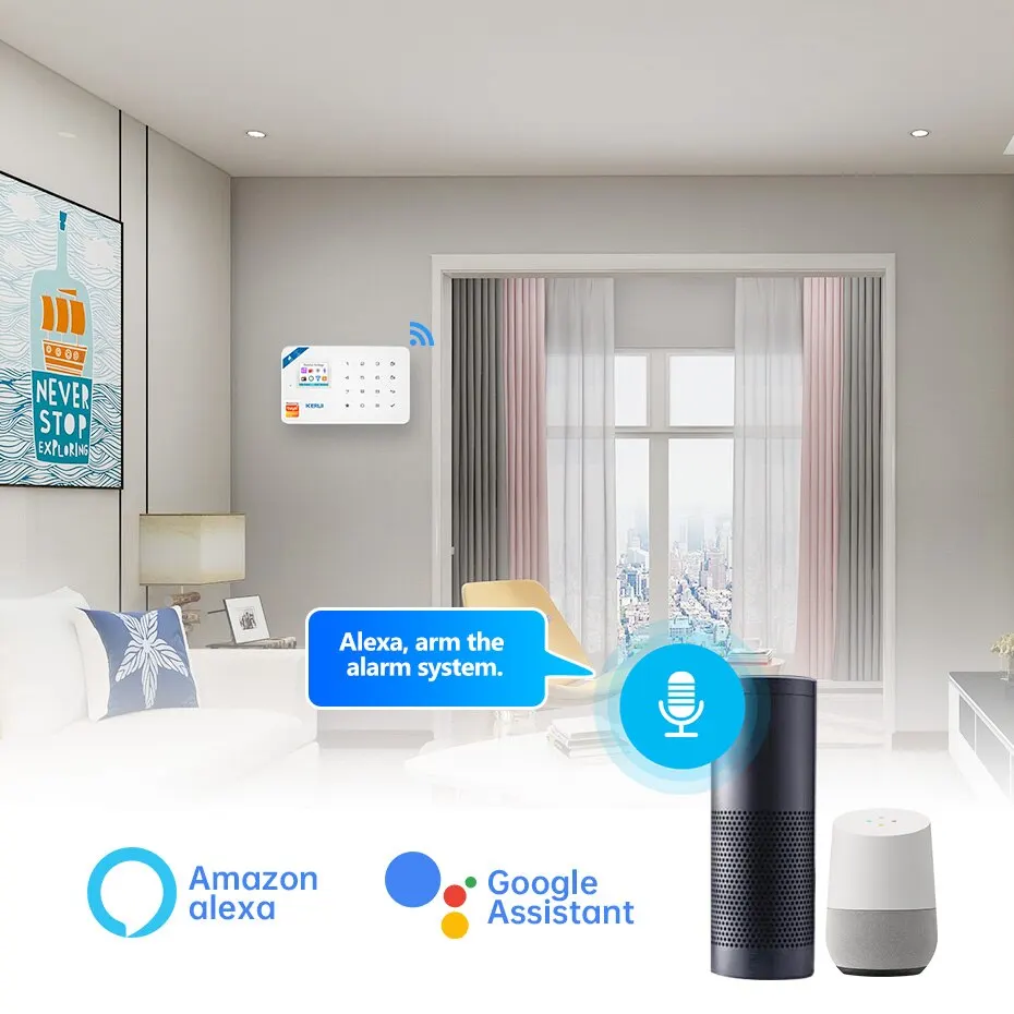 KERUI Tuya Smart WIFI GSM Sistema di allarme di sicurezza Funziona con Alexa Home Antifurto Rilevatore di movimento Fumo Sensore per porte e