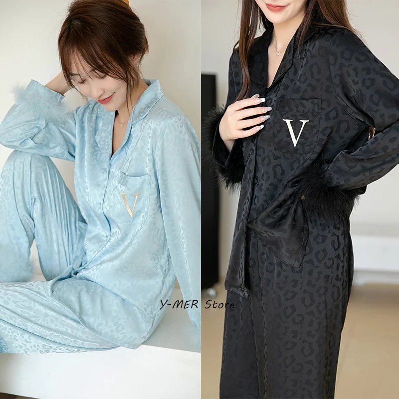 Luxury Feather Pajamas Suit Embroider V Sleepwear Bride Home Clothes Silk Rayon Shirt&pants 2Pcs Loungewear Print Nightwear