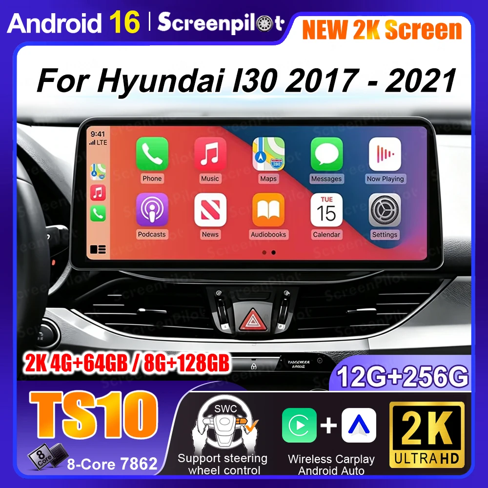 12.3 inch For Hyundai I30 2017 2018 2019 2020 2021 Android 16 Carplay Car Radio Stereo Screen Multimedia Player GPS Navigation