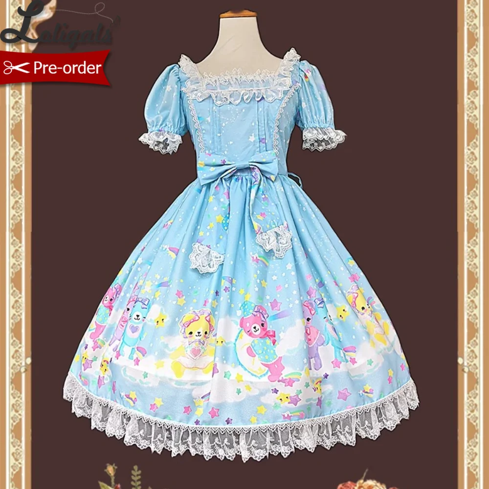 Pre-order Sweet Lolita Dress Retro Printed Chiffon Short Sleeve Midi Party Dress ~ Sleeping Bear by Infanta view 5