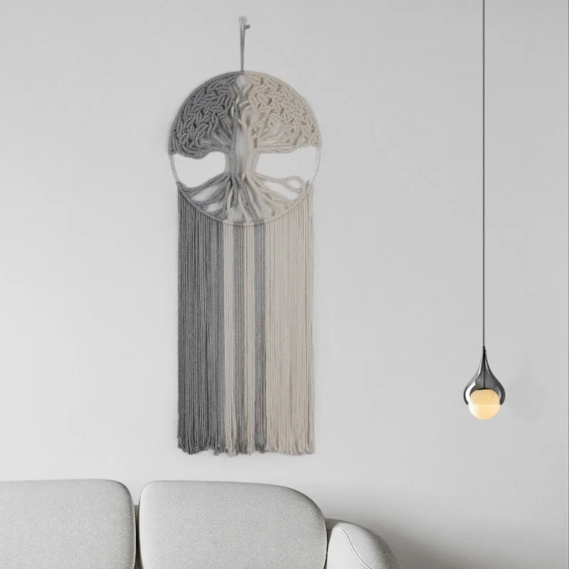 Two-tone Hand Woven Tree of Life Macrame Wall Hanging, Nordic Tassel Tapestry, Natural Warm Tone Wall Decor Bedroom Ornament