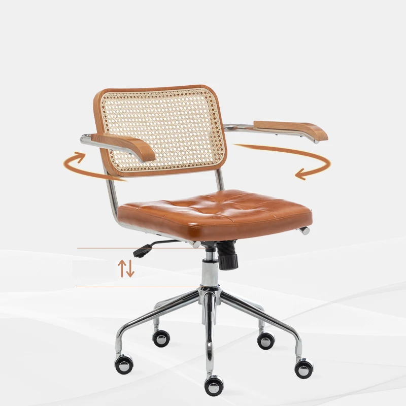 Nordic Retro Computer Chair Adjustable Lift Rotating Solid Wood Chair Office Learning Grid Breathable Rattan Woven Furniture