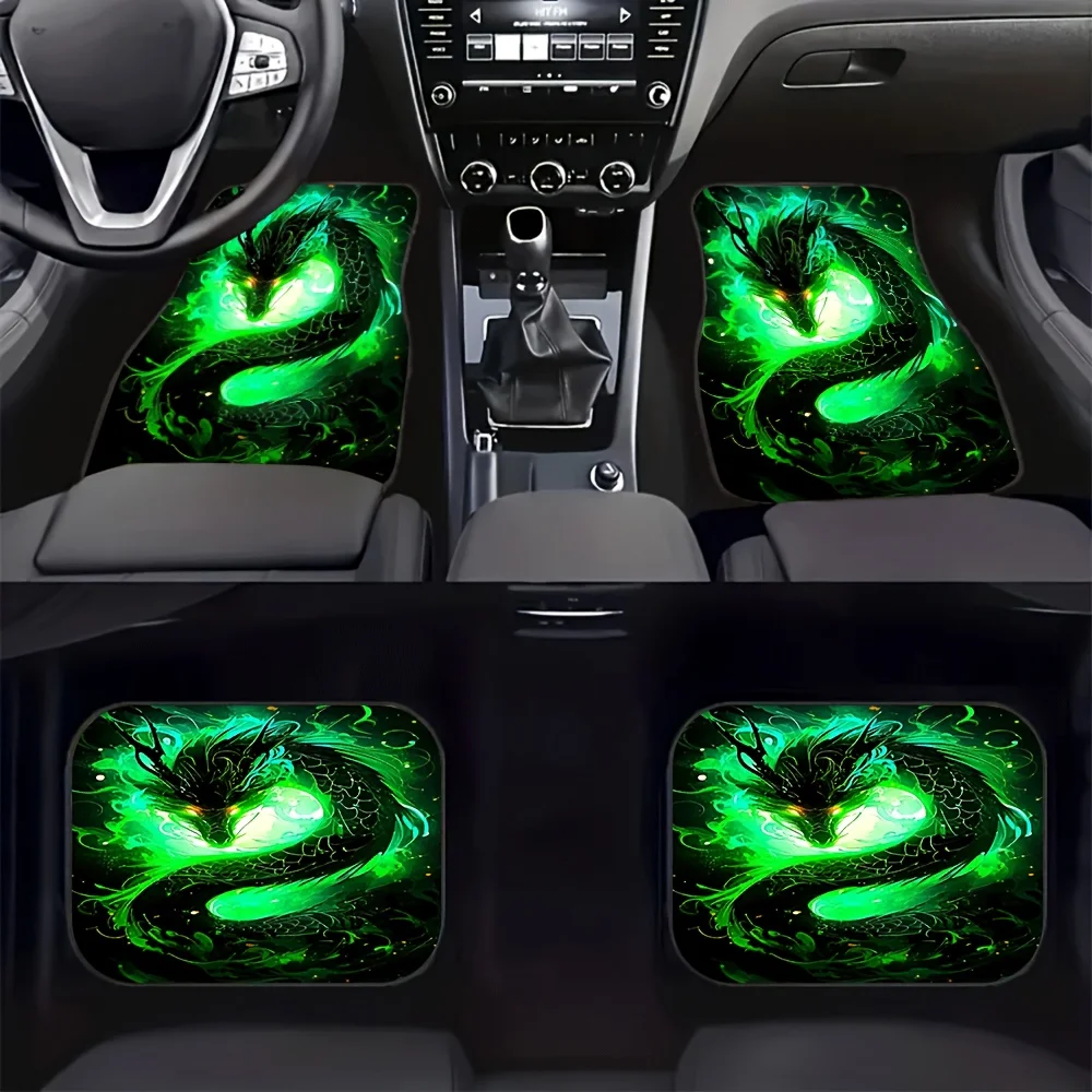 4pcs Cool Green Dragon Car Mat, Universal Front& Rear Floor Mats With Dark Forest Green Flame Print Design- Auto Interior Access