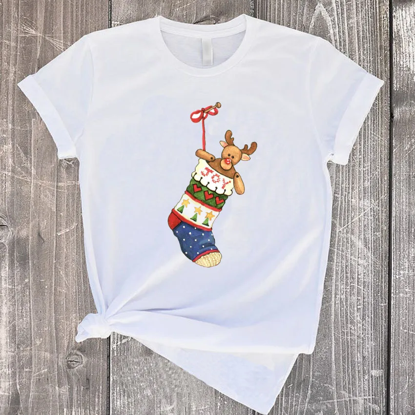 Women Christmas Stocking Santa Reindeer Snowman Print T‑Shirt Short Sleeve Round Neck Xmas Holiday Casual Fashion Ladies Daily
