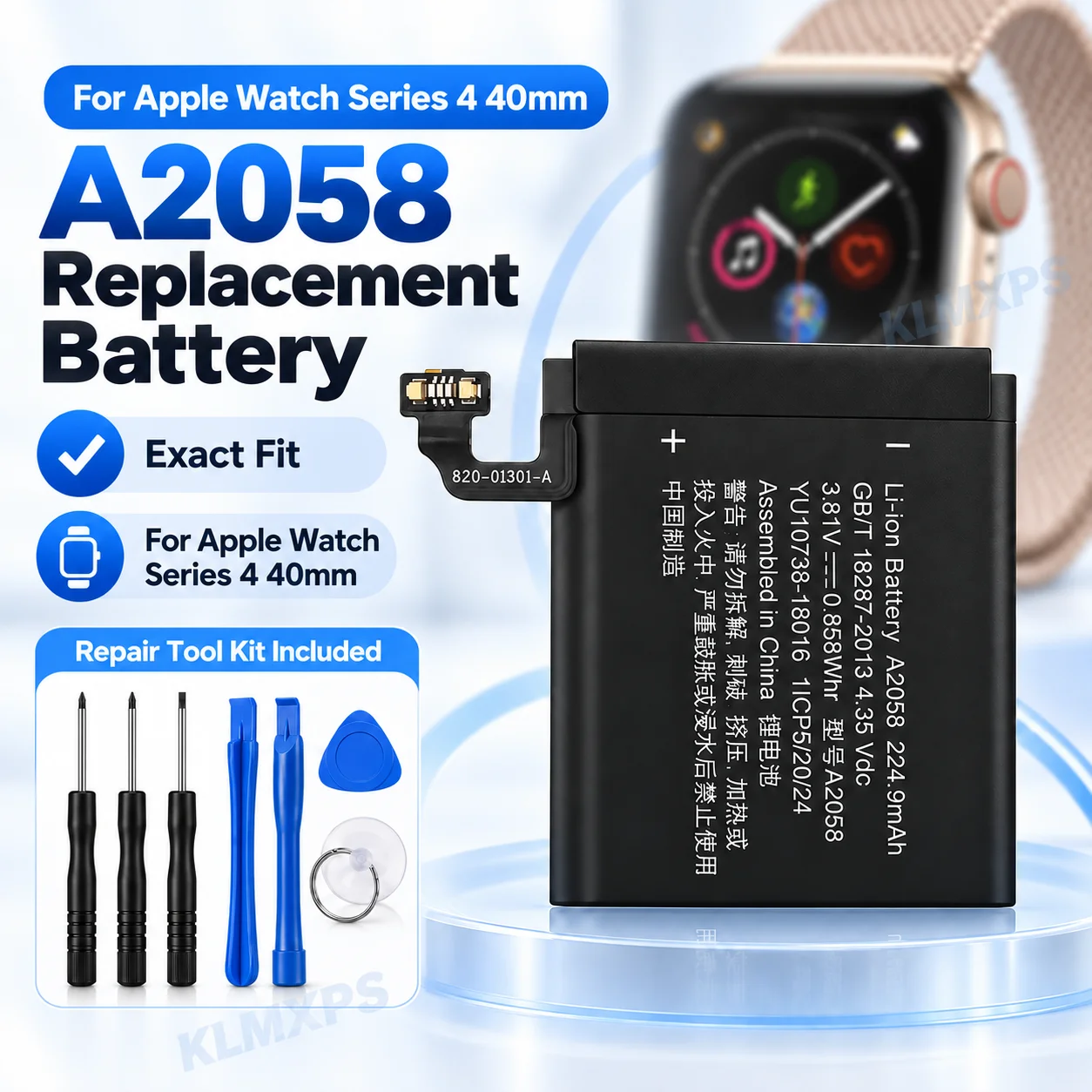 A2058 Battery 224.9mAh 3.81V Li-Polymer Replacement Battery for Apple Watch Series 4 40mm with Repair Tool Kit