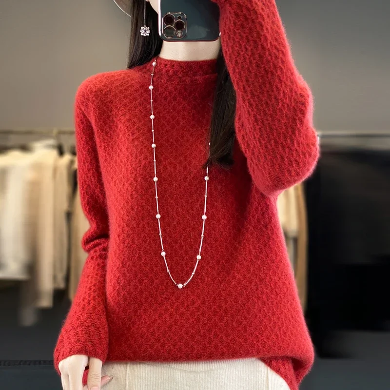 100% Australian wool thick honeycomb semi-high neck fashion new sweater sweater bottoming autumn and winter sweater