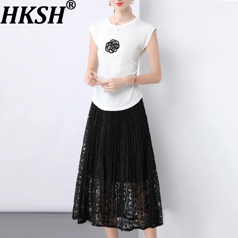 

HKSH Spring Summer Women Fashion Fresh Elegant Two-Piece Set Trendy Simple Slim Fit Tops Lace Pleated Versatile Skirt Ins HK8279