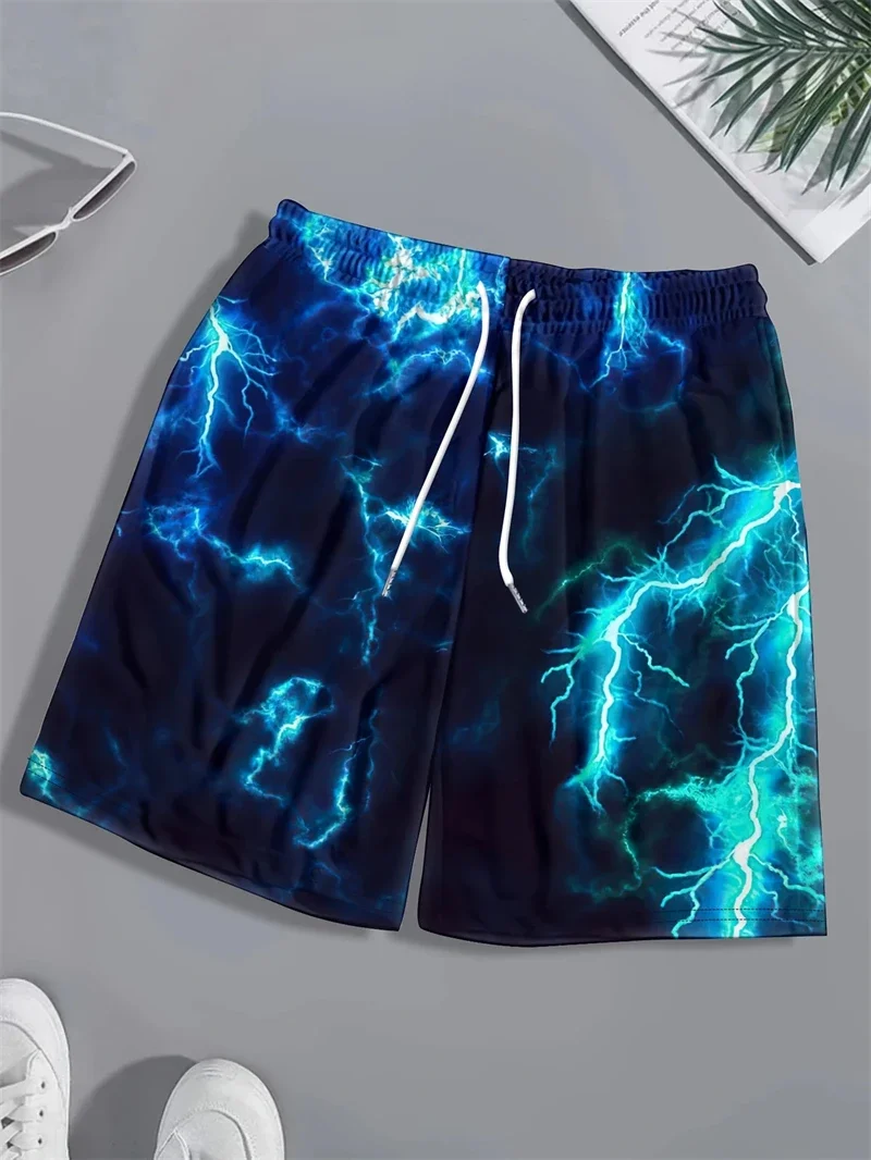 Men's Beach Shorts, 3D Lightning Graphic Print, Casual, Summer, Hawaiian Surfing Shorts, Y2k, Quick-drying