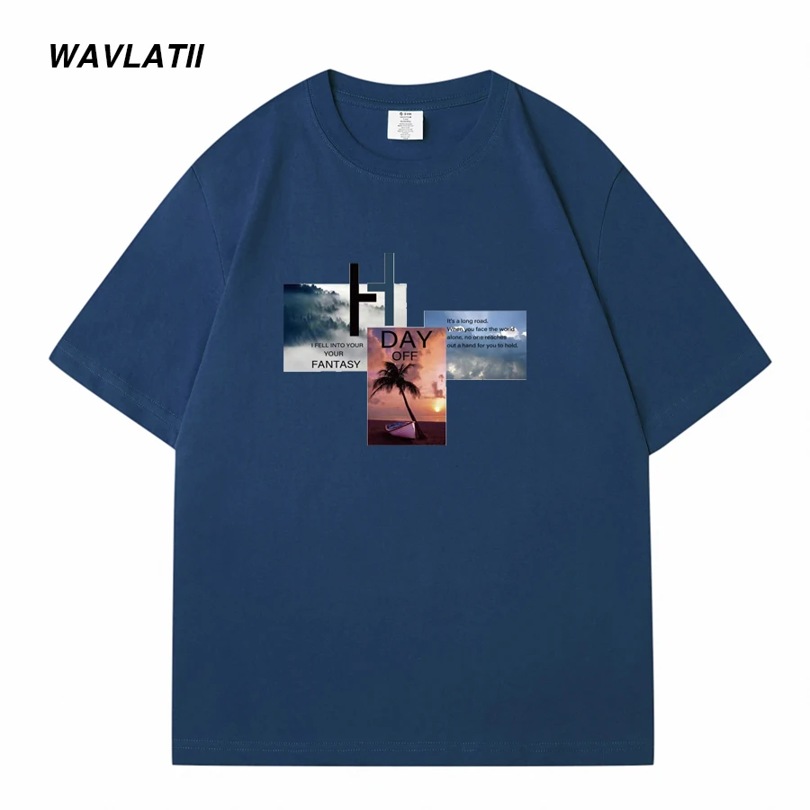 WAVLATII New Men Cool Printed T shirts for Summer Male Dark Grey Casual Short Sleeve Tees Black White Basic Tops WMT2310