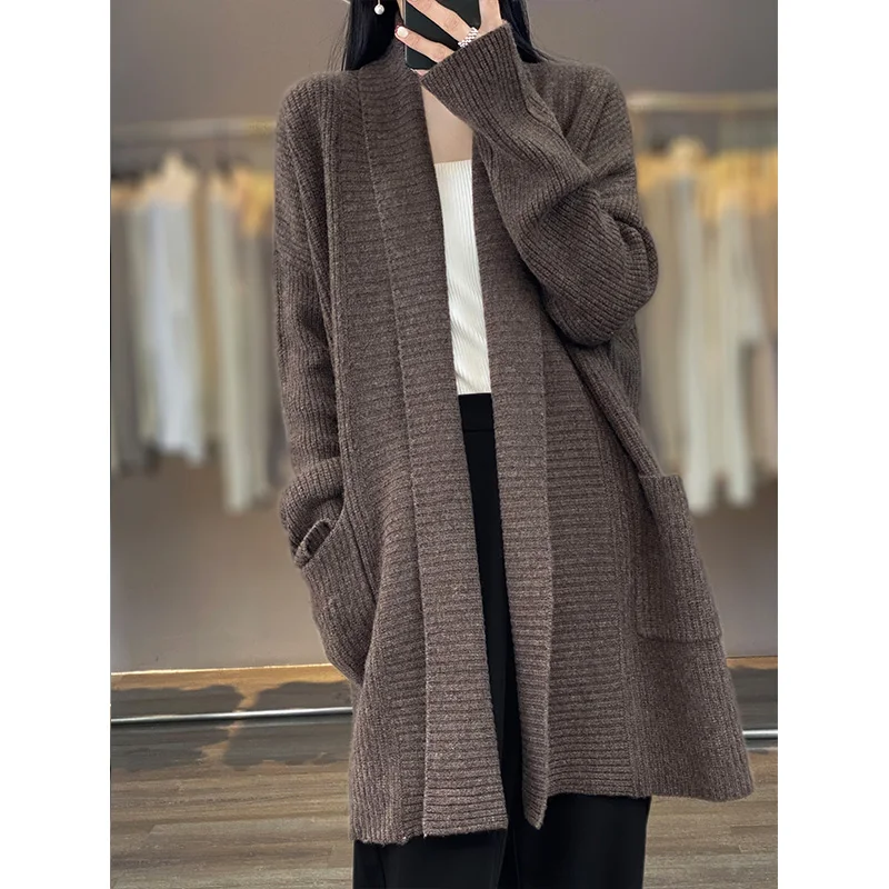 High Quality Women Long Cardigan Autumn Winter Cashmere Sweater Thick Grace Casual Loose Coat 100% Merino Wool Knitwear