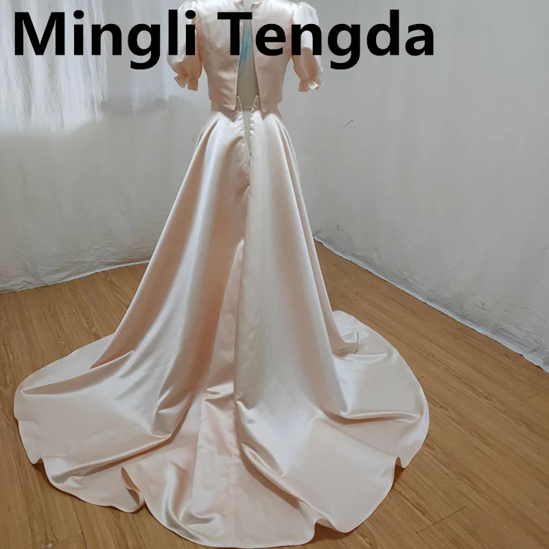 Mingli Tengda Apricot Two-piece Satin Set Evening party women Dresses Scoop Half Cap Sleeves Formal Evening Dress Pockets Train