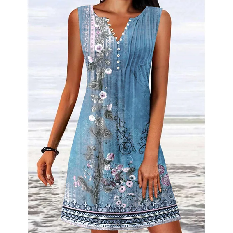 여름 여성용 민소매 버튼 플로럴 프린트 루즈핏 보헤미안 V넥 캐주얼 비치 휴가 미니 원피스