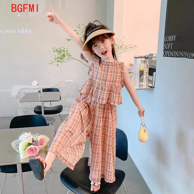 Korean Teenage Girl Summer Colorful Plaid 2pcs Set Sleeveless Blouse+wide Leg Ankle Pants Junior Girl Clothing Kids Thin Outfits
