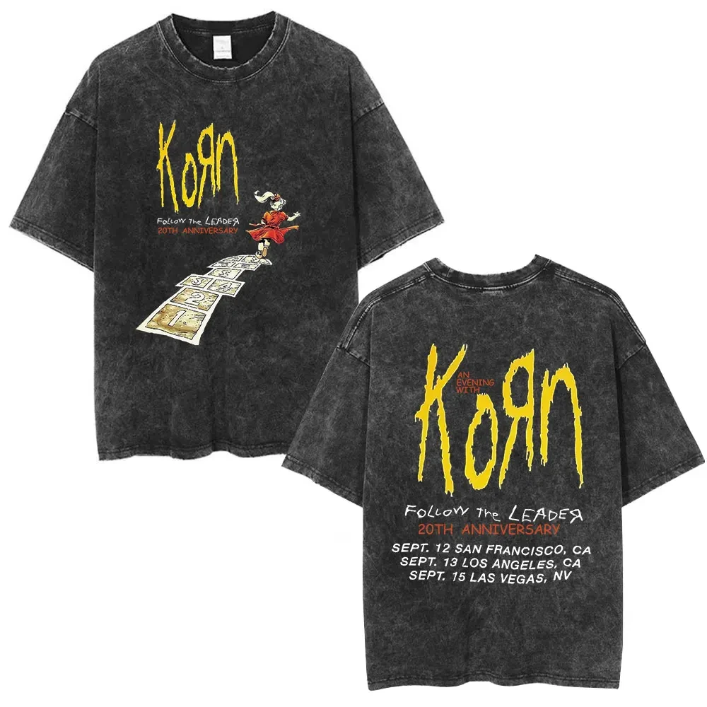 Korn Follow The Leader 20Th Anniversary Washed T Shirt Metal Gothic Rock Band T Shirts Men Vintage Oversized T-shirt Streetwear