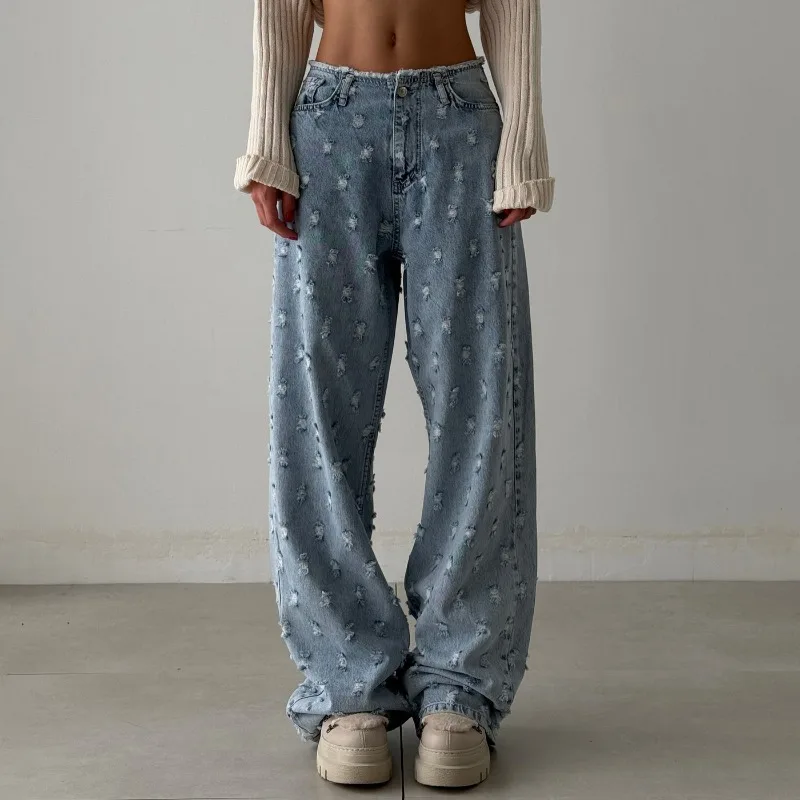 

Y2K Harajuku Vintage Frayed New Washed Denim Baggy Women Streetwear Raw Edge Straight Jeans High Waist Casual Wide Leg Trousers