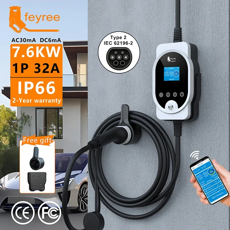 feyree EV Charger Portable Type2 7KW 32A 1P Fast Charging APP Wi-Fi Control by Setting Current & Charging Time for Electric Car