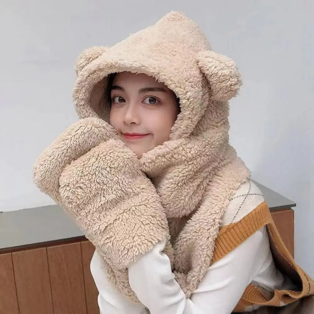 Hat And Scarf All In One Knitted Hat Women Winter Warm Plush Hat Scarf Thermal Hooded Earflap Knitted Soft Cap Faux Fleece