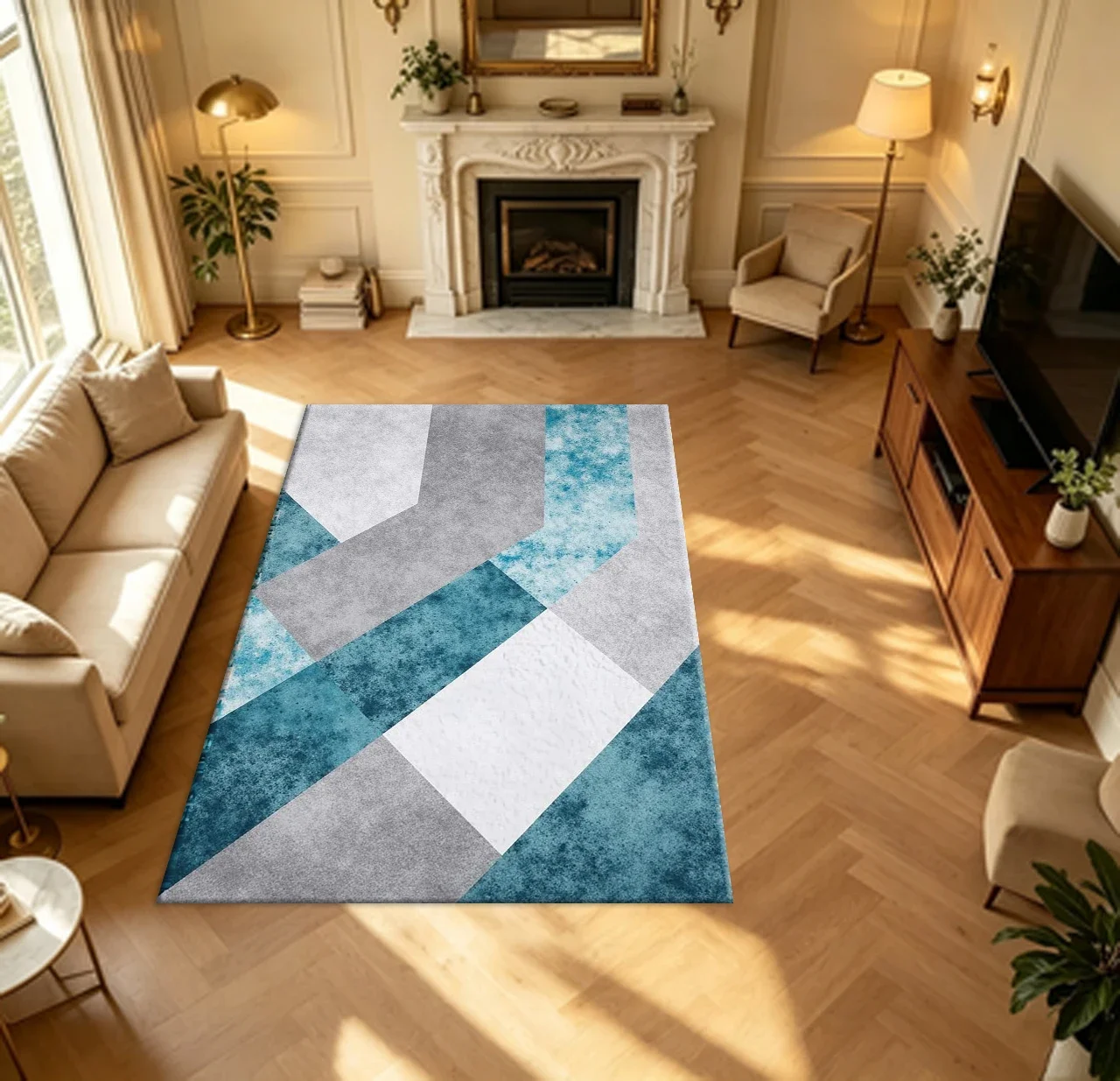 Nordic Teal Grey Geometric Block Carpet Flooring Distressed Texture Household Living Bedroom Indoor Large Area Floor Rug