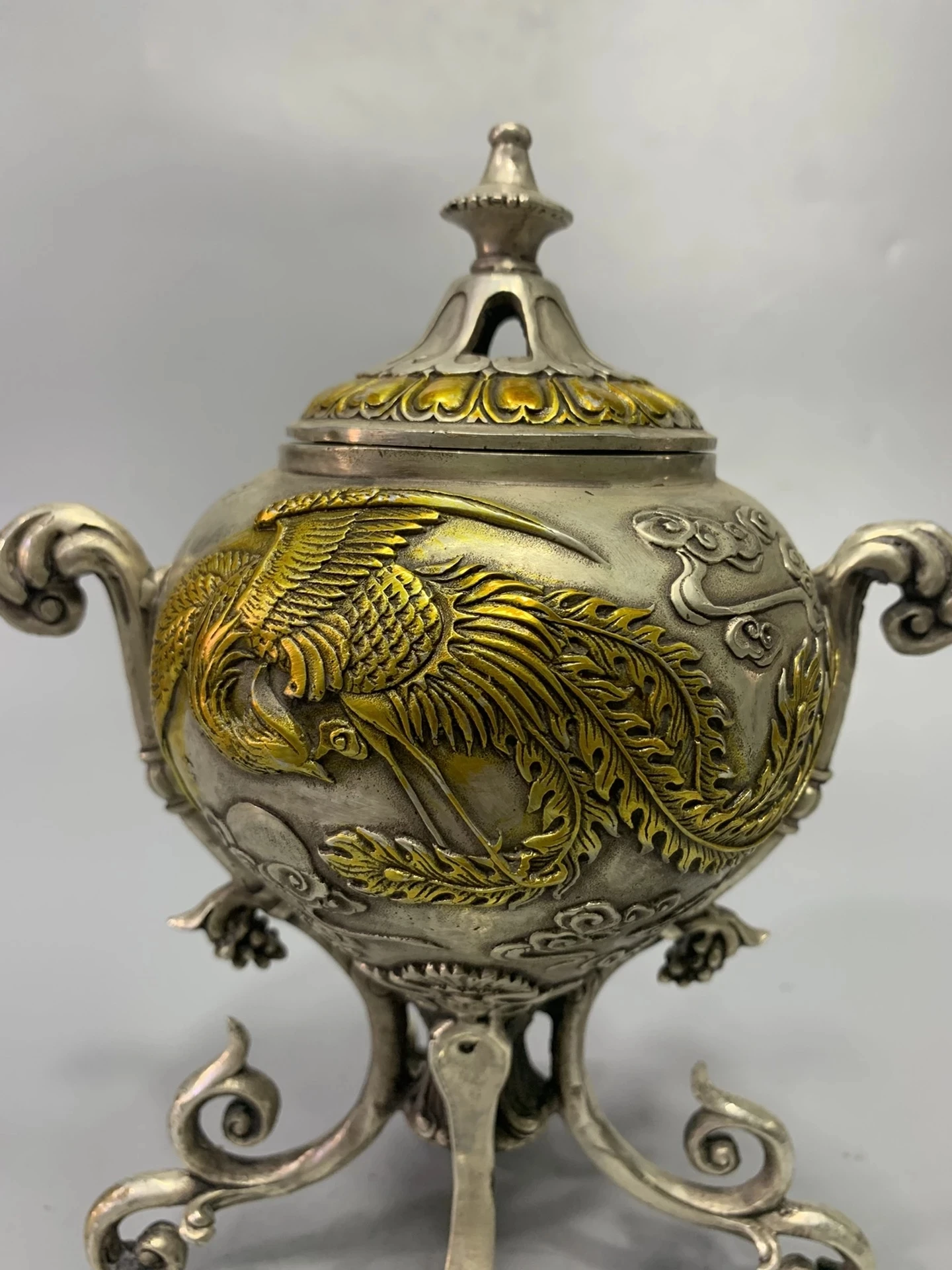 

Antique made old white copper gilded Shuangfeng incense burner home decorations