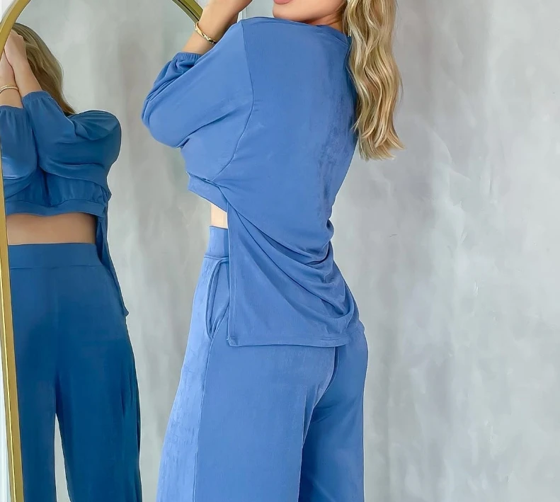 Pants Set Women 2 Piece New Fashion Summer Casual Loose Round Neck Long Sleeved T-Shirt and Casual Elegant Wide Leg Pants Set