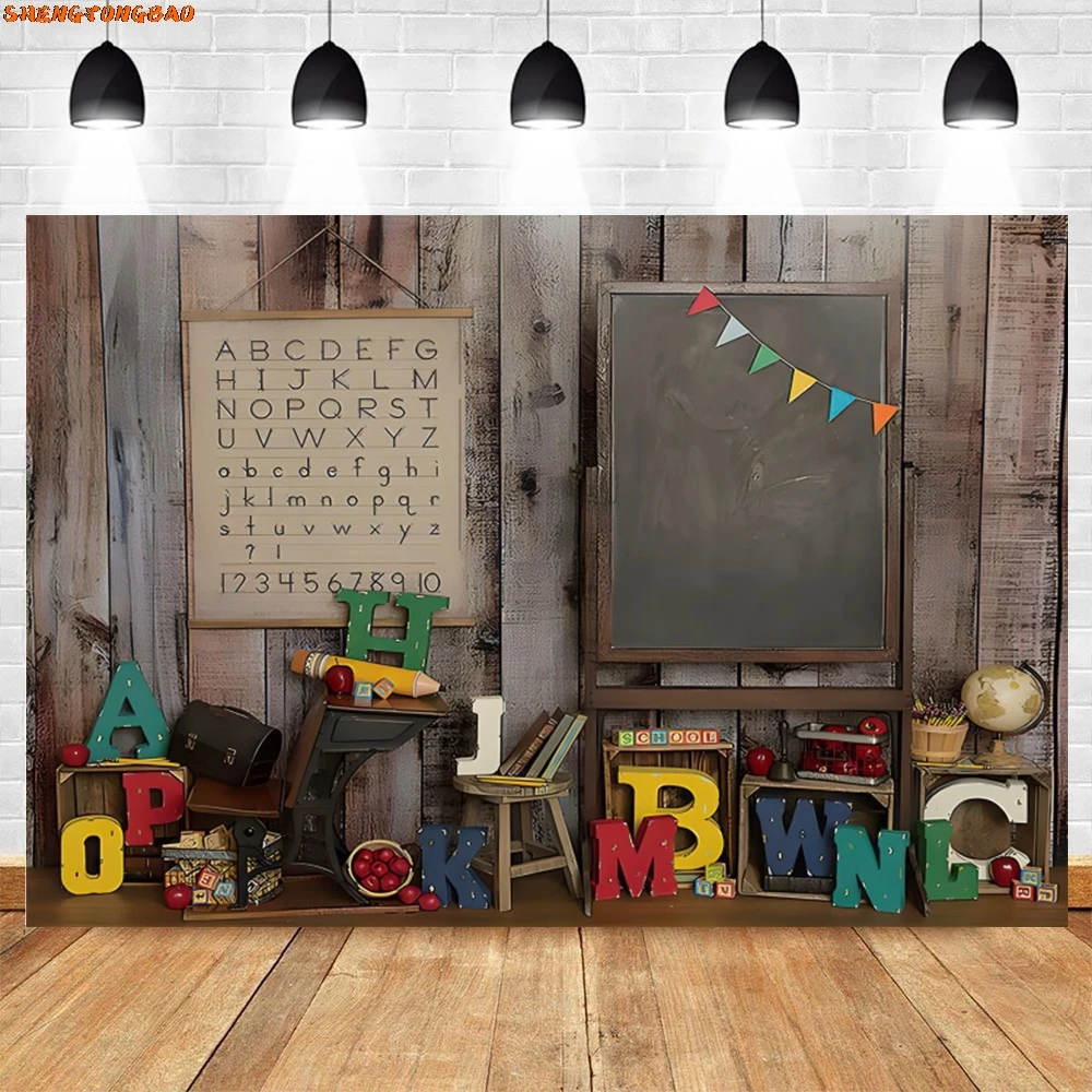 Toile de fond de photographie de retour à l'école, chaise de bureau d'étudiant, tableau noir d'étude, décoration de salle d'irritation, arrière-plan, accessoires de photobooth