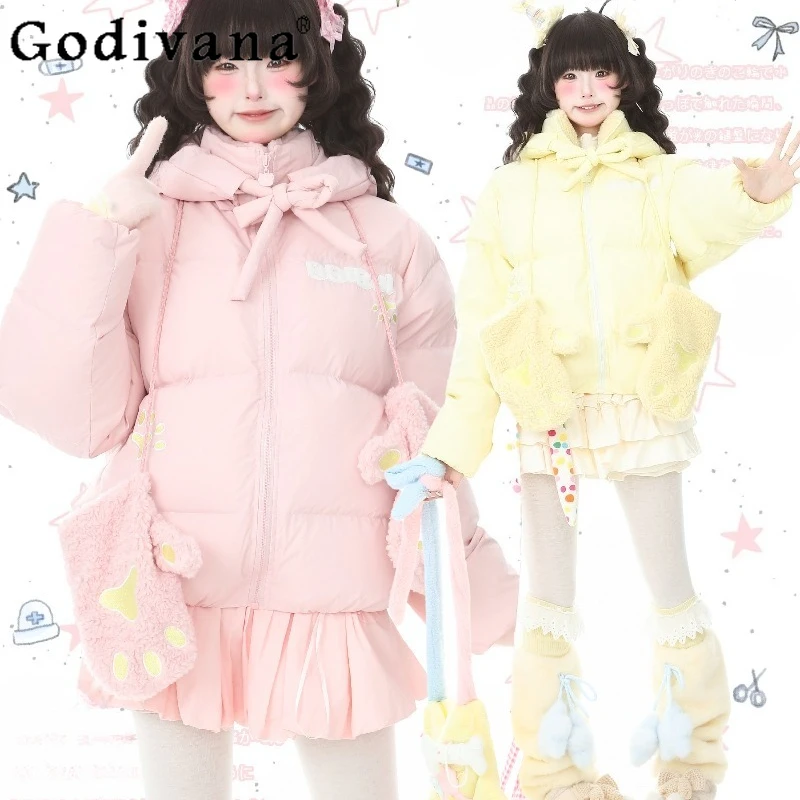 سترات شتوية بغطاء للرأس مطرزة للنساء بأكمام طويلة سترات لطيفة مع قفازات معطف دافئ وردي على الطراز الياباني للسيدات #1