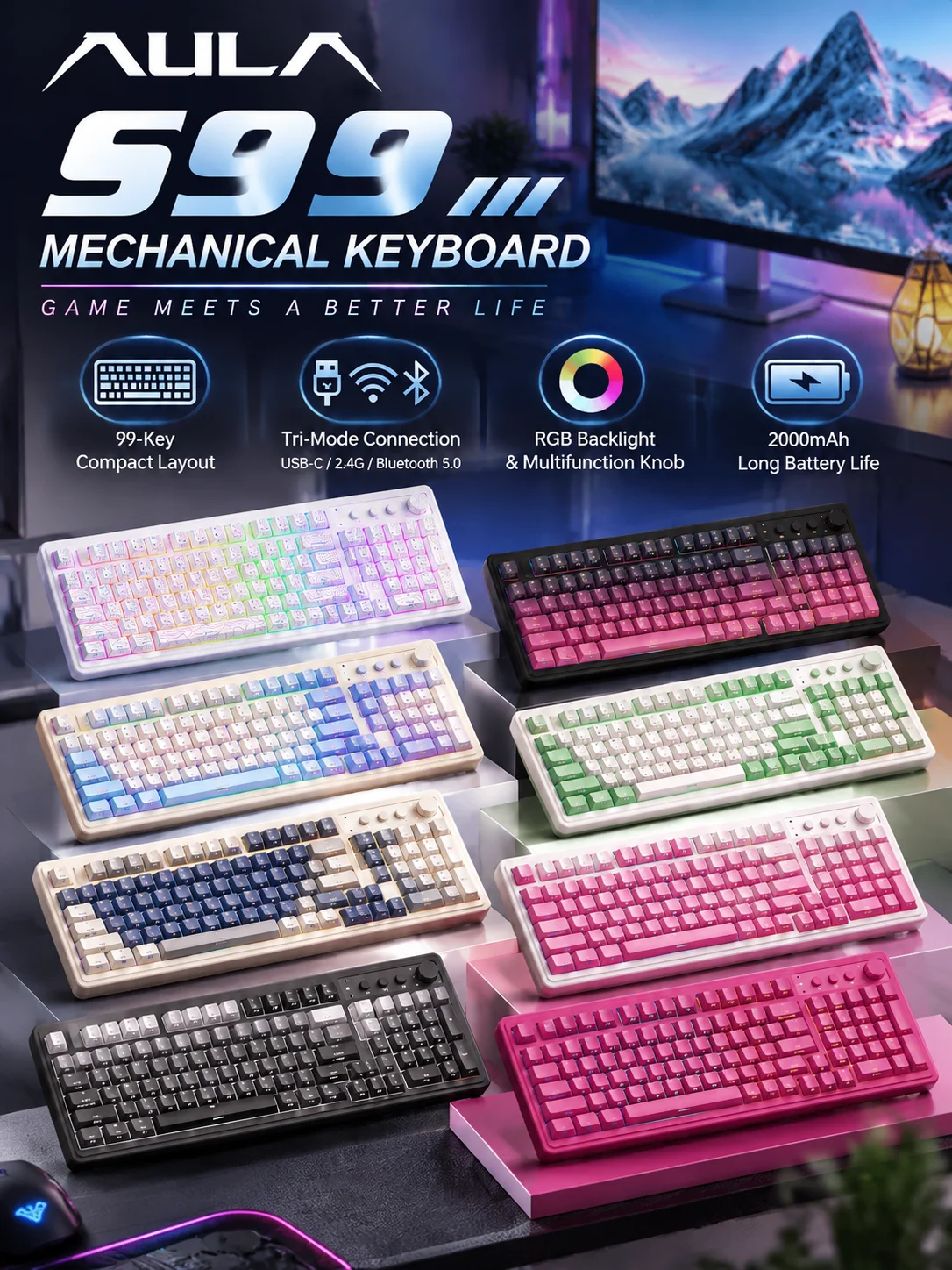 AULA S99 Mechanical Keyboard 99 Keys Tri Mode Wireless Keyboard RGB Backlit Knob Control Hot Swappable Gaming Keyboard