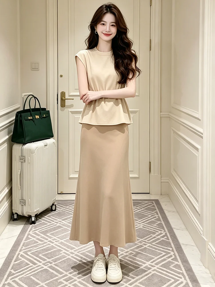 

Fashionable Versatile Women's Two-Piece Set Sleeveless Top High Waist Skirt Breathable Casual Style Mid-Length Summer Outfit