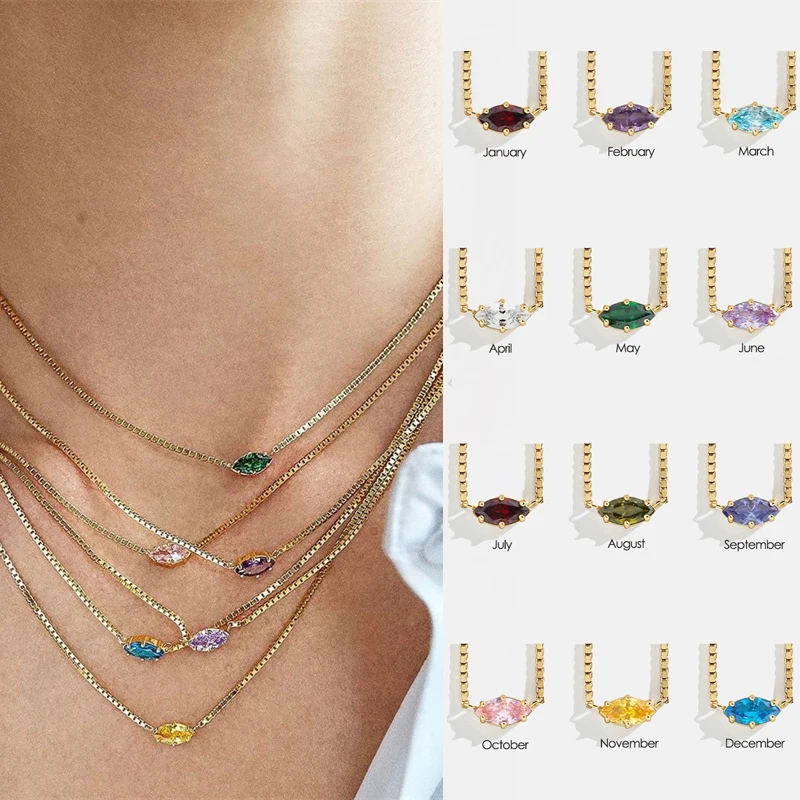 Birthstone Pendant Necklaces for Teen Girls Korean Fashion Eye Shape Crystal Gold Color Women Choker Chain Birthday Gift Jewelry