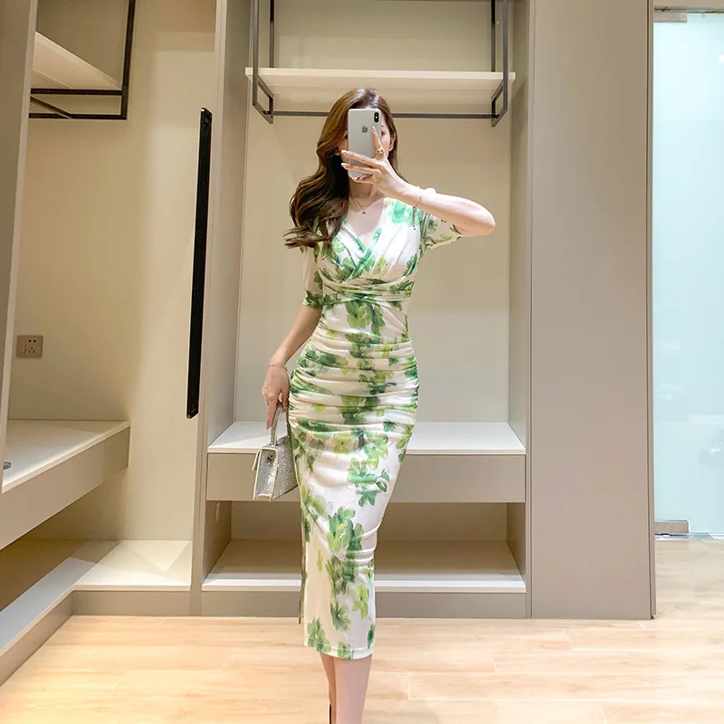 2023 Summer Fashion Formal Dress White Green Print Short Sleeve Pleated Slit Dress Elegant Slim Bodycon Office Lady Dress