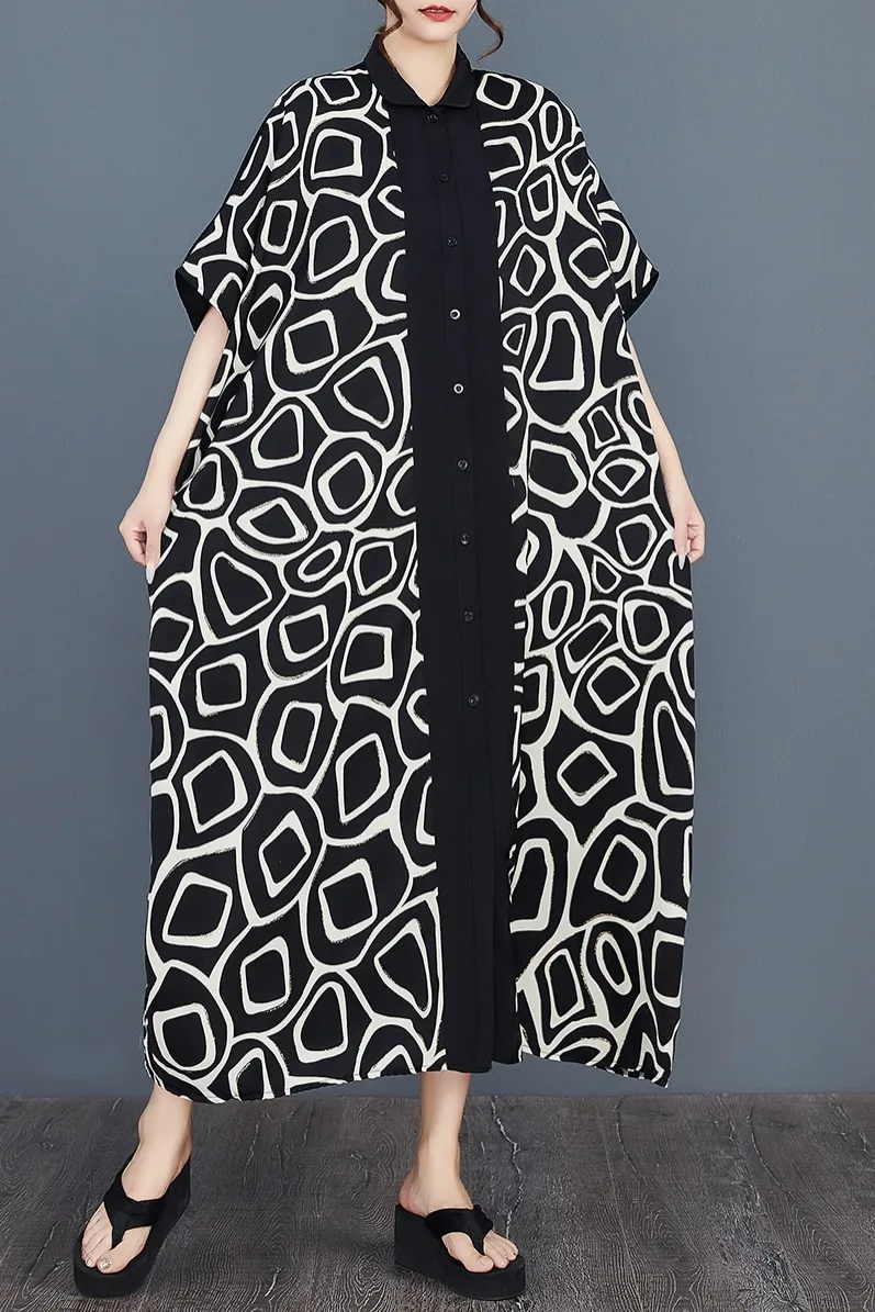 SuperAen جديد 2025 الصيف فضفاضة كبيرة الحجم موضة قميص مطبوع المرقعة واحدة الصدر ألف خط فساتين طويلة