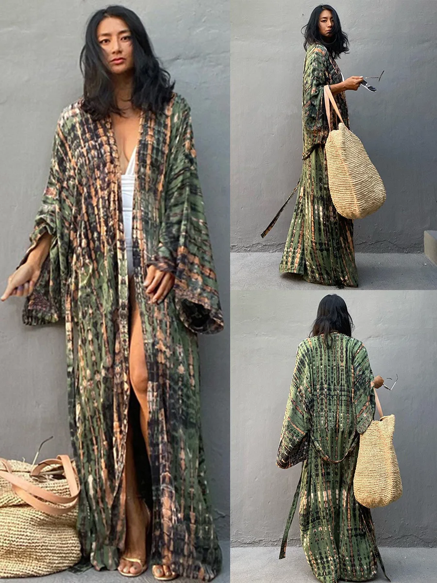 Print Beach Cover Up Cardigan Women Loose Long Open Front Swimsuit Coverup Summer Vacation Kaftan Sun Protection Kimono Cardigan