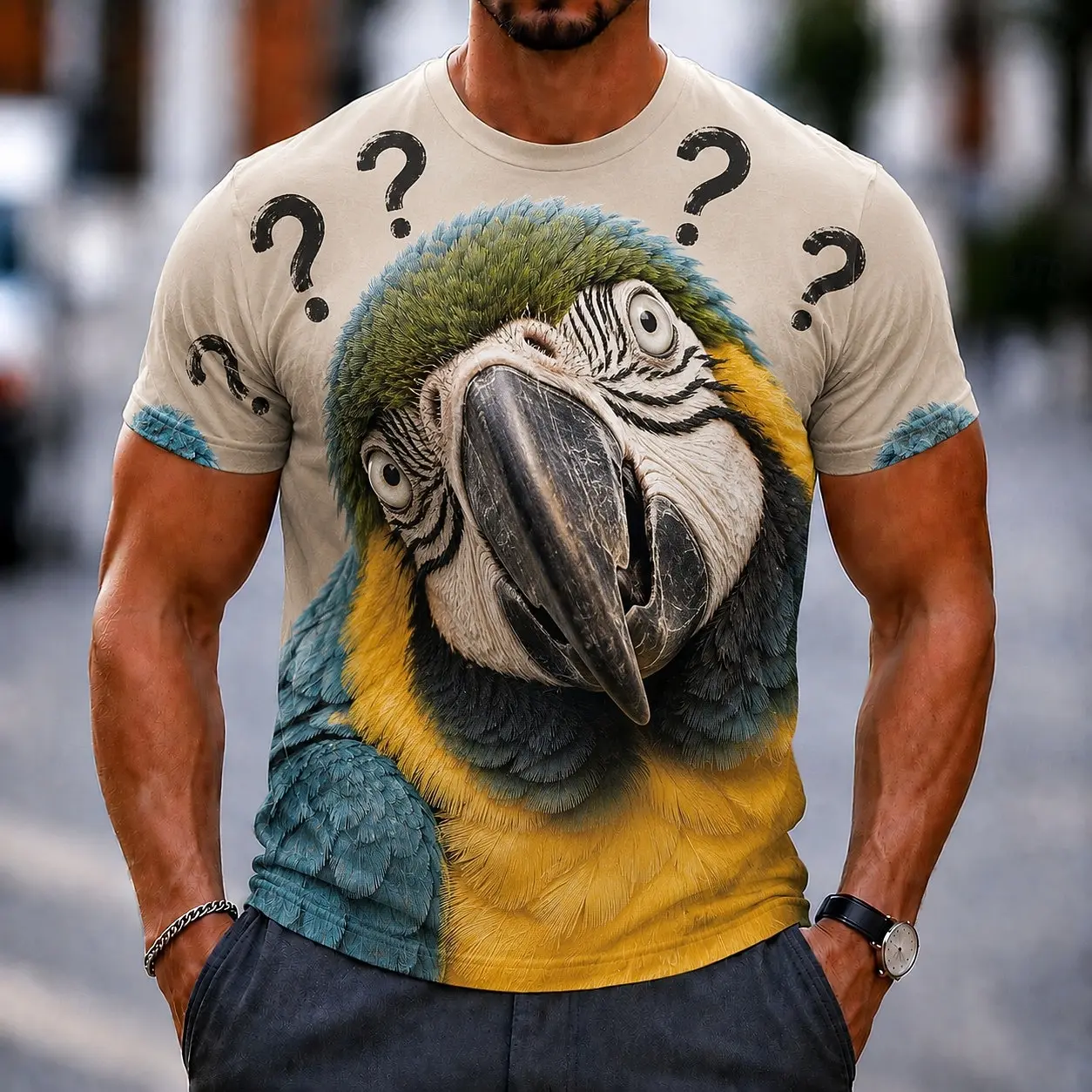 Men's Spring Summer 3D Printed Crew Neck Tee, Cream Base Question Mark Blue Yellow Parrot Funny Cartoon Novelty Top