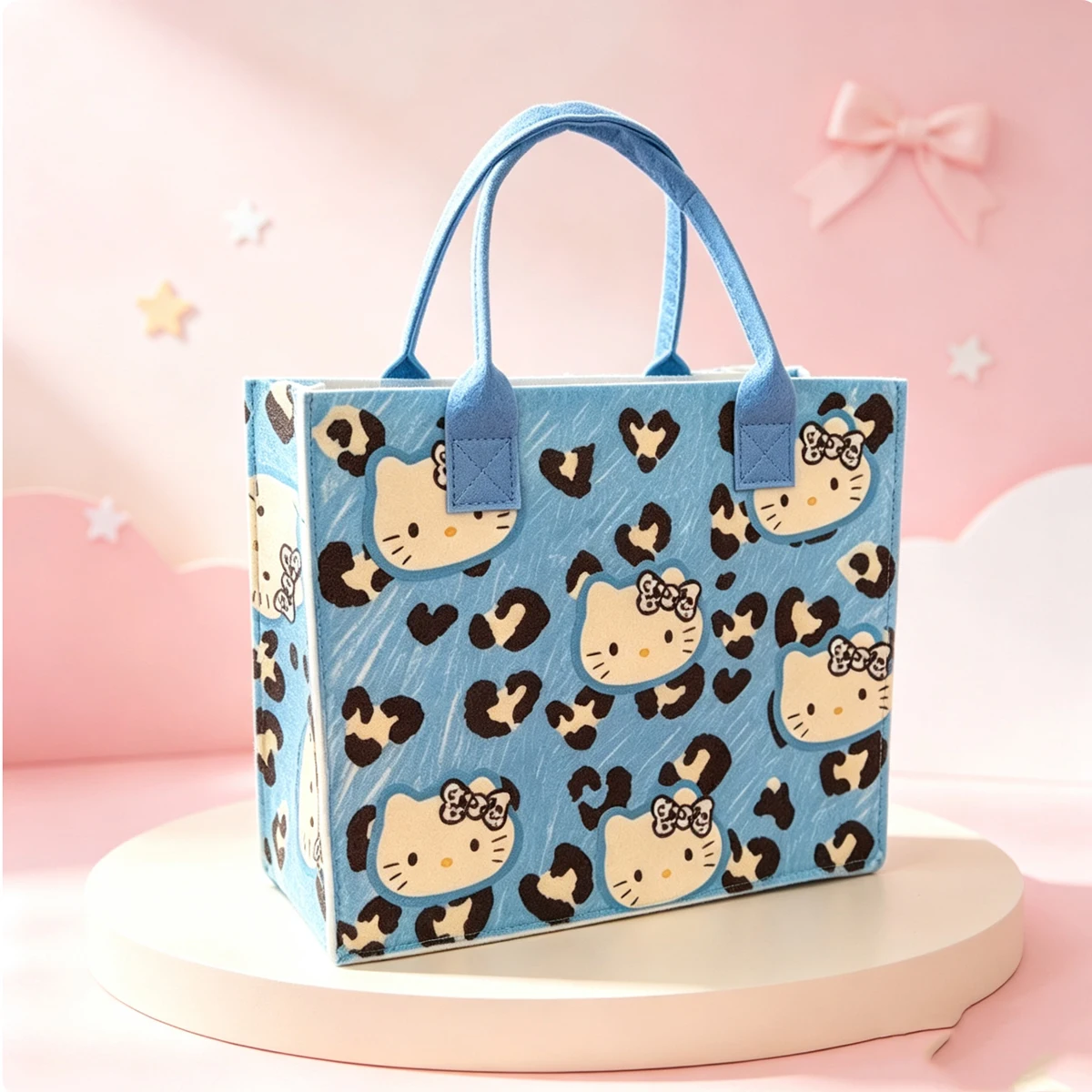 Cute Hello Kitty Leopard Print Felt Tote Bag Large Capacity Cartoon Handbag Reusable Storage Shopping Bag Girls Gift