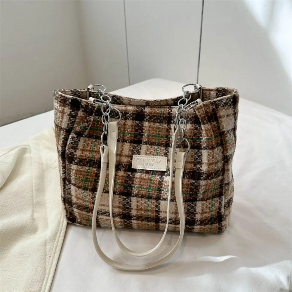 Plaid Shoulder Bag Fashion Versatile Woolen Tote Bag High Capacity Underarm Bag