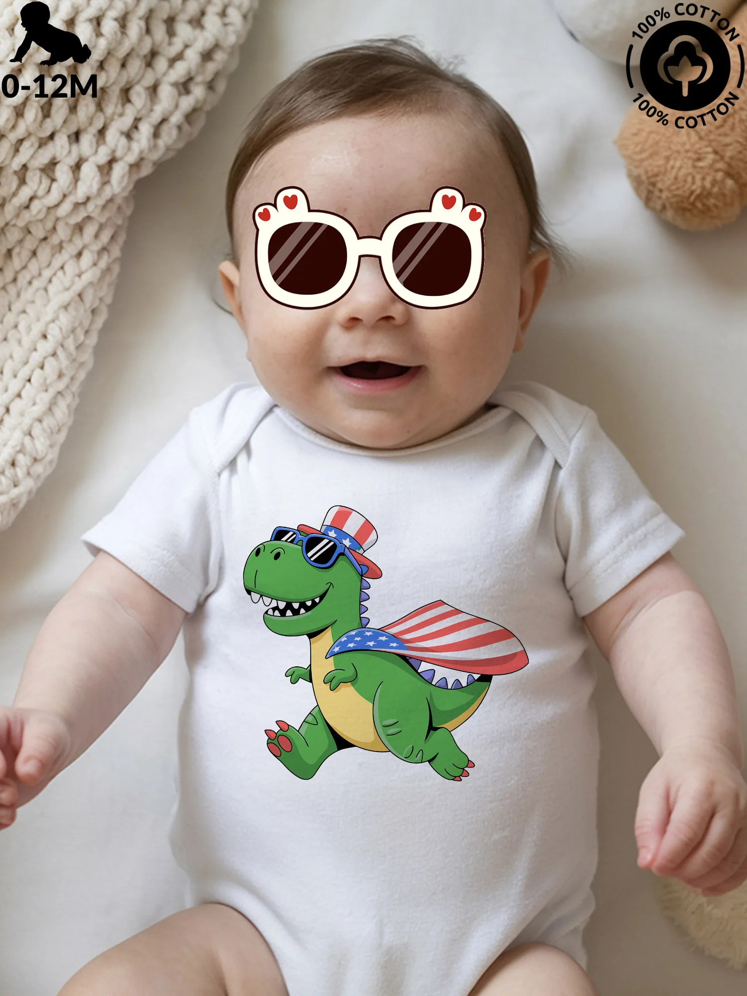 

Детский костюм для ползания Patriotic Dino унисекс, мягкий комбинезон из чистого хлопка, всесезонное белое боди 190GSM