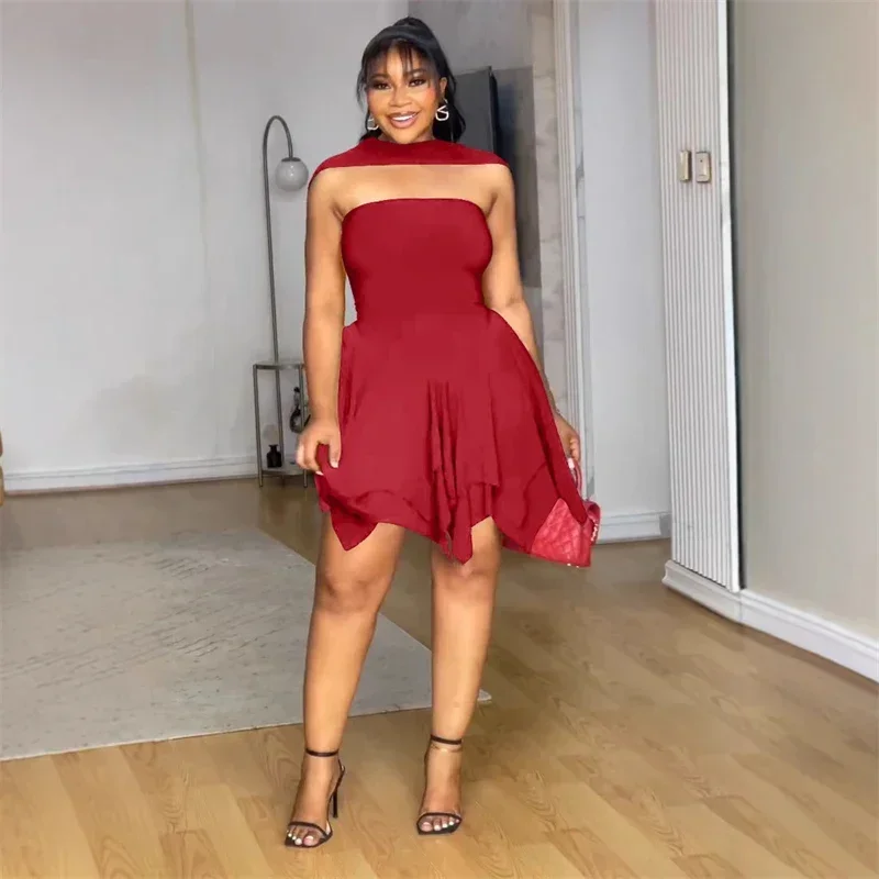 

Solid Elegant Cut Out Strapless Party Dresses for Woman Sexy Night Club A-line Irregular High Waist Backless Prom Birthday Dress