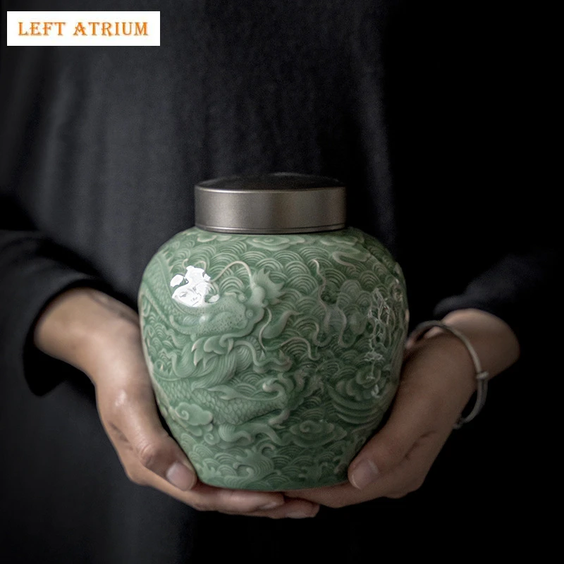 

Органайзер для чайной коробки Celadon Dragon, чайная посуда, облачный контейнер для чая, банка для хранения, винтажная зеленая банка Caddy, оловянная посуда для чайной церемонии