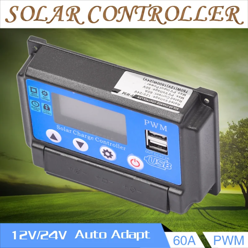 

60A PWM Solar Charge Controller LCD Display 12V/24V Dual USB Output Auto Solar Cell Panel Regulator For Battery Charger