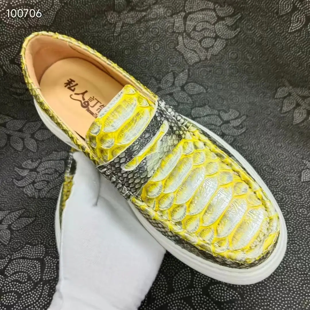 حذاء مسطح للرجال مصنوع من جلد الثعبان الحقيقي لعام 100% عالي الجودة باللون الأصفر والذهبي من جلد الثعبان حذاء رياضي أنيق للرجال #5