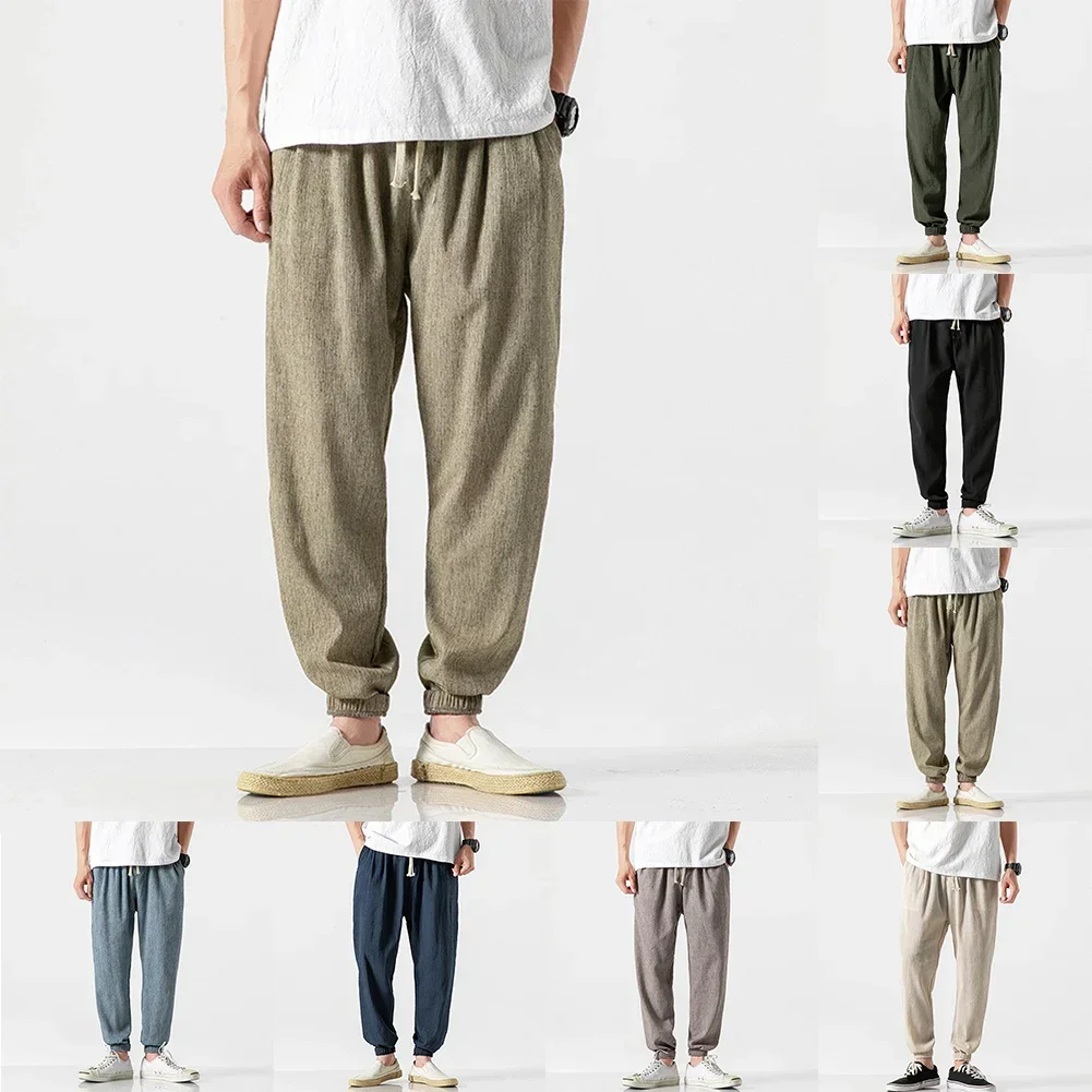 

Мужские льняные повседневные шаровары, свободные леггинсы, дышащие брюки, удобные однотонные брюки со средней талией