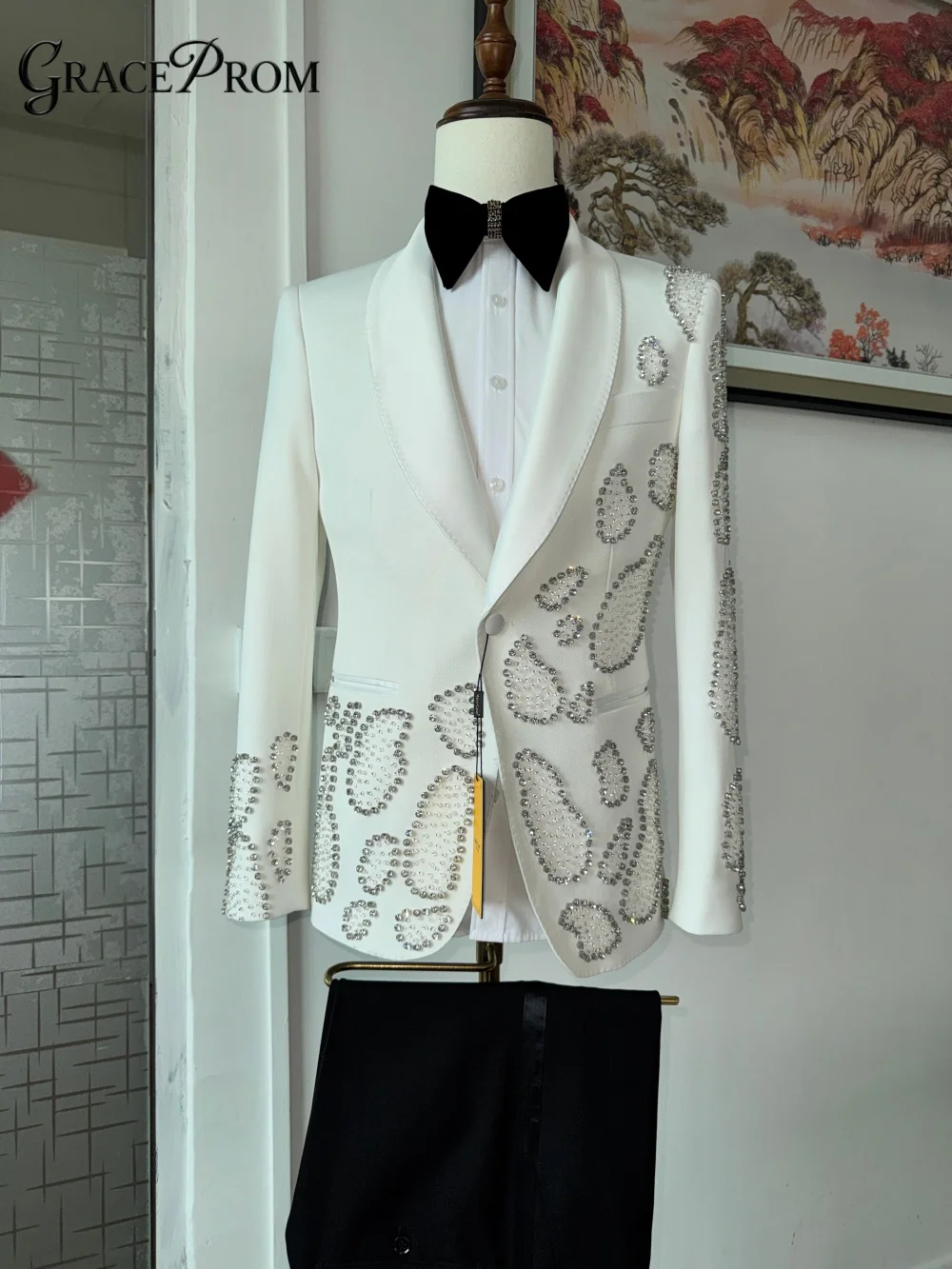 Shimmering Paisley Rhinestone Men Tuxedo 2PCS Shawl Slim Fit Formal Suit Sets Crystal Beaded Wedding Groom Prom Party Wear S‑3XL