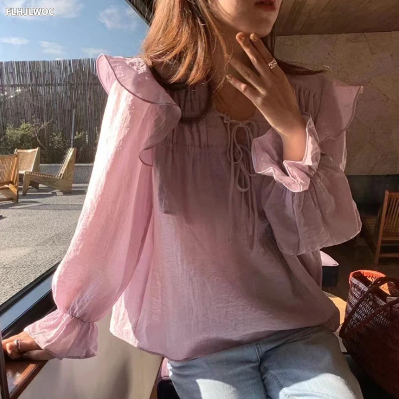 Hot Japan Style Bow Tie Ruffles Tops Blusas 2023 Cute Sweet Girls Chic Korea Design Clothes Purple Women Shirts Blouses