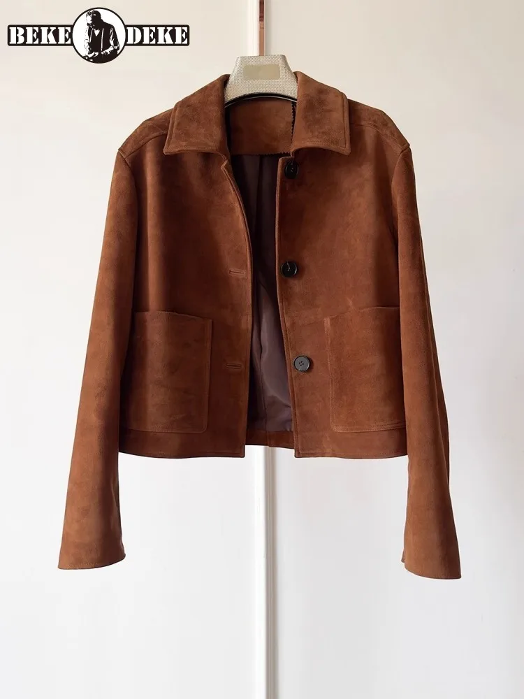 Capispalla in pelle di pecora scamosciata di alta qualità da donna con risvolto monopetto giacca in vera pelle da ufficio cappotto corto autunnale casual da donna