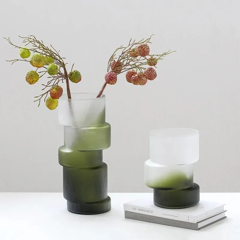 Glass Vase Geometric Misalignment Matte Gradient Green Bamboo Joint Glass Vase Hydroponics Terrarium Home Decoration Accessories