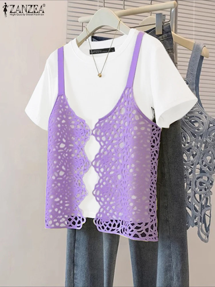 ZANZEA 2025 Fashion Patchwork Blouse Casual Loose knitted Tops Fake 2-piece Sets Tunics Fashion O Neck Blusas Spliced Pullover