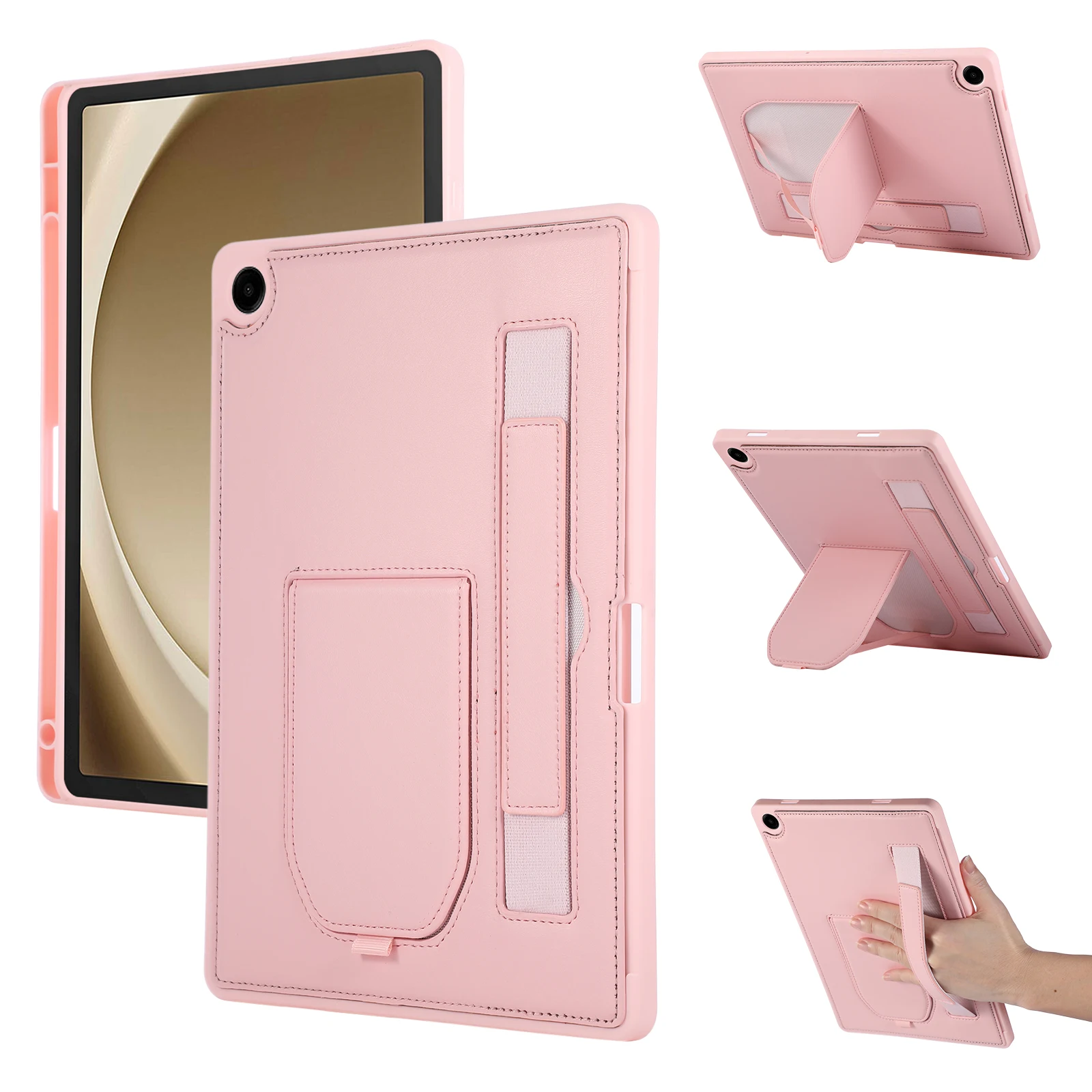 For Samsung Galaxy Tab A11  /  A9 Case Kickstand PU + TPU Tablet Cover with Wristband  /  Pen Slot - Pink