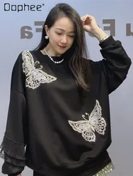 Oversized Hoodies Women 2024 New Embroidered Butterfly Sequined Beaded Temperament Top Long-sleeved Crew Neck Sweatshirt Autumn